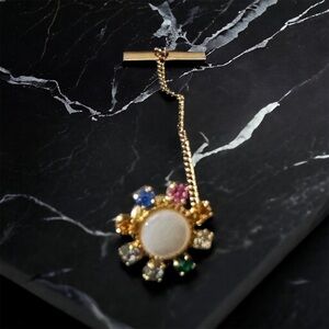 Vtg B David Gold Tone 8mm Moonstone Cab Colored Glass Stones Tie Pin Tack Chain